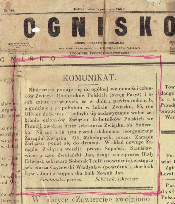 Komunika z francuskiej gazety Ognisko z 17 pazdziernika 1925r m