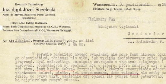 Odpowiedz rzecznika patentowego dotycząca wynalazku Wladysława Czyzewskiego m